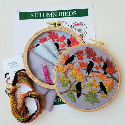 PRE-Order Autumn Birds Embroidery Kit: Grey-blue-Embroidery-Jessica Long Embroidery-Acorns & Twigs