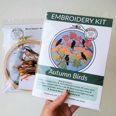 PRE-Order Autumn Birds Embroidery Kit: Grey-blue-Embroidery-Jessica Long Embroidery-Acorns & Twigs